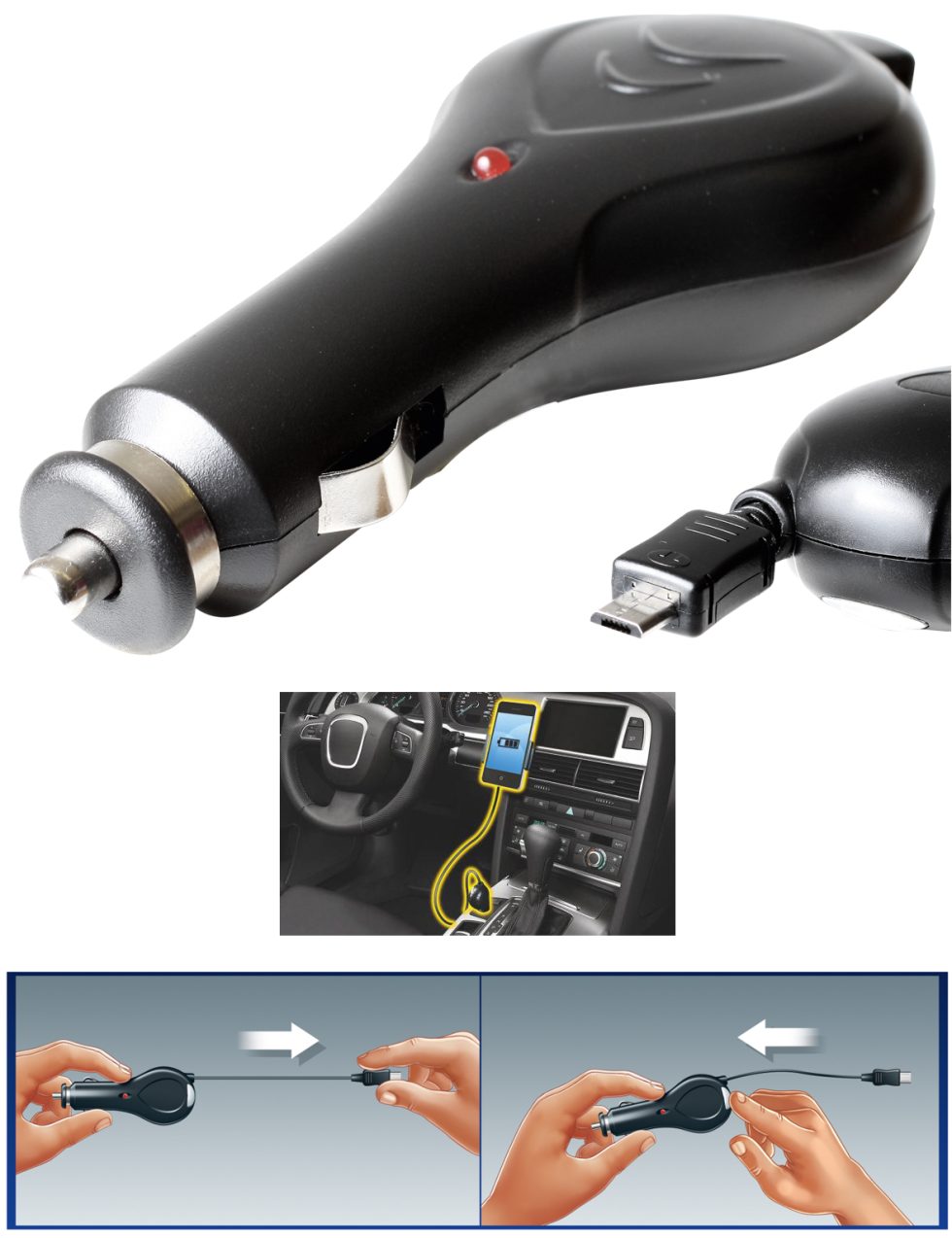 Autós micro USB töltő, felcsévélhető