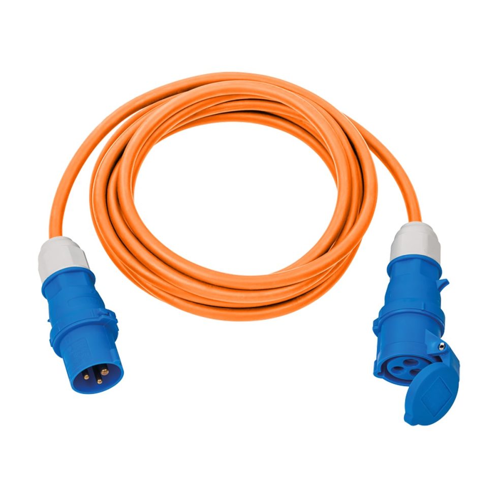 Hosszabbítókábel, CEE aljzat-CEE dugó, narancs színű kábellel, 3 x 2,5 mm2