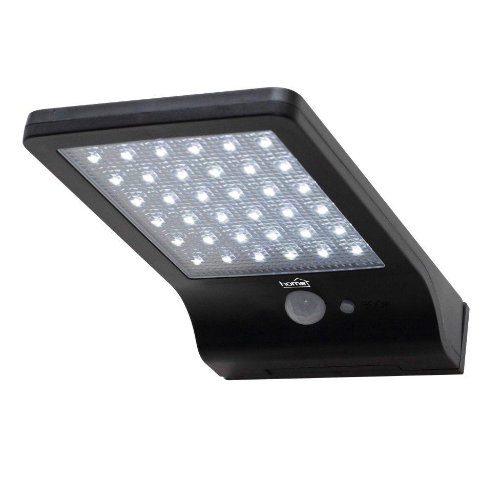 Napelemes LED reflektor, 300 lm, PIR mozgásérzékelő, 120° 5m, 36 db hidegfehér SMD LED, energiatakarékos, műanyag, IP44